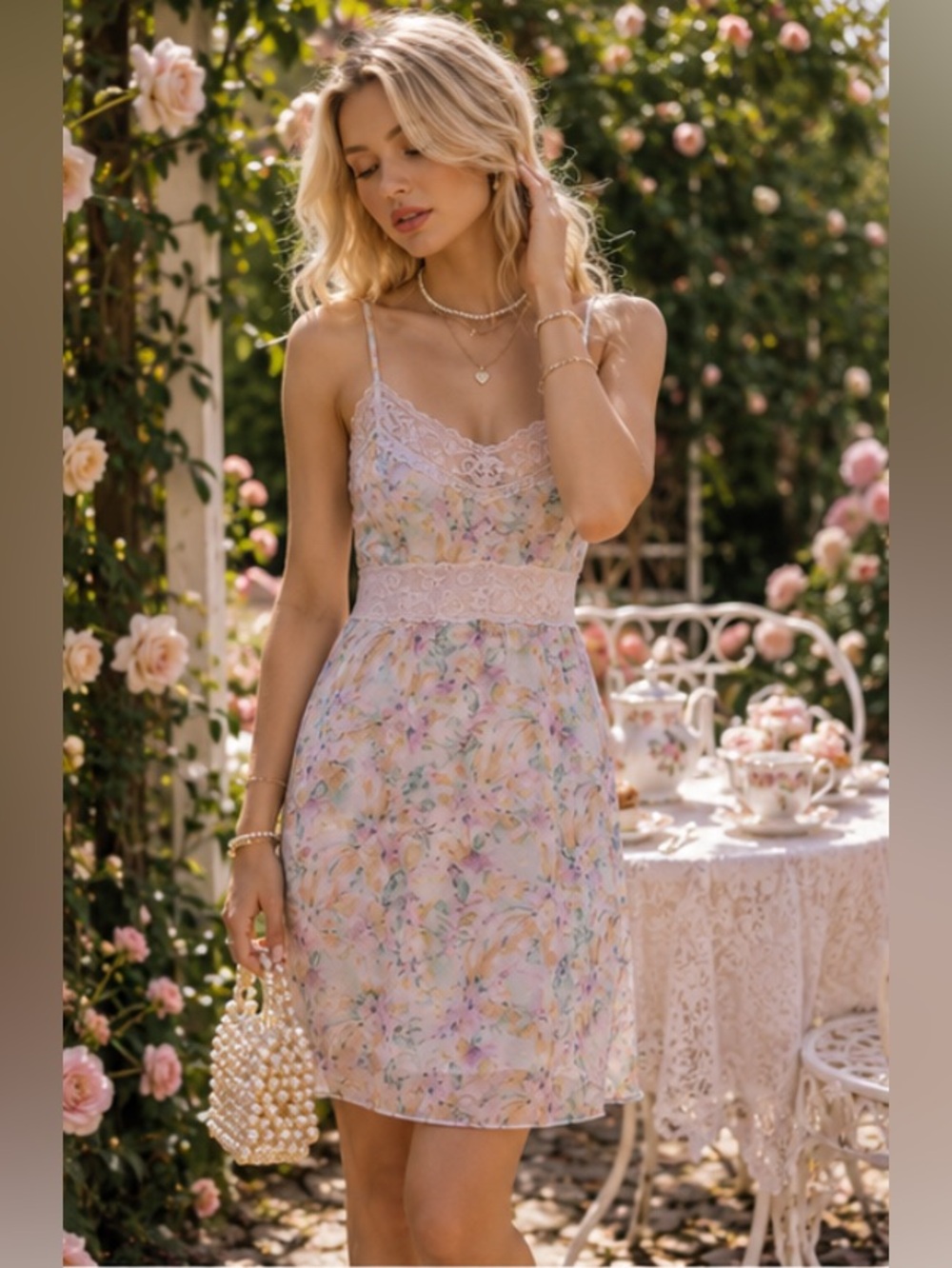 LoveShackFancy Rusalina Floral Coquette Garden Tea Party Lace Trim Slip Dress